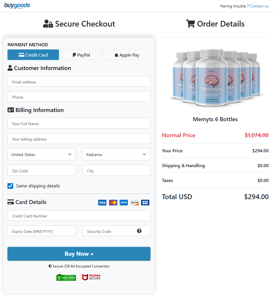 Memyts secure checkout page